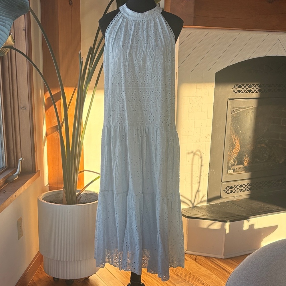 Powder Blue Eyelet Halter Midi Dress